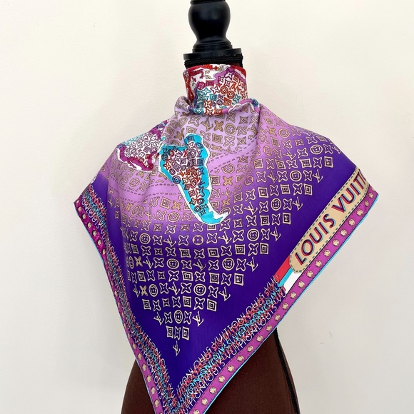 Display # 1 Louis Vuitton Monogram Map Square Purple Silk Scarf - Picture 4 of 16